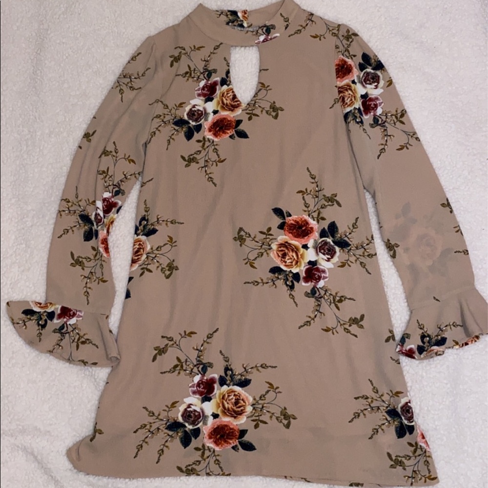 Beige Floral Bell Sleeve Dress
